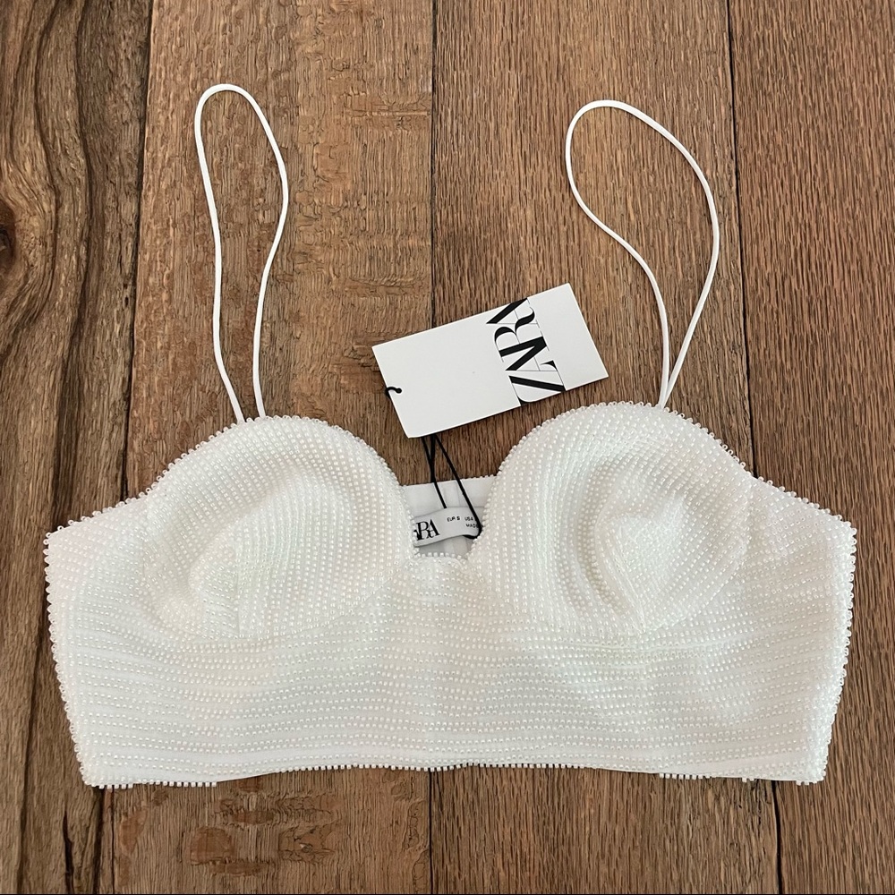 NWT Zara White Beaded Crop Top Sz S